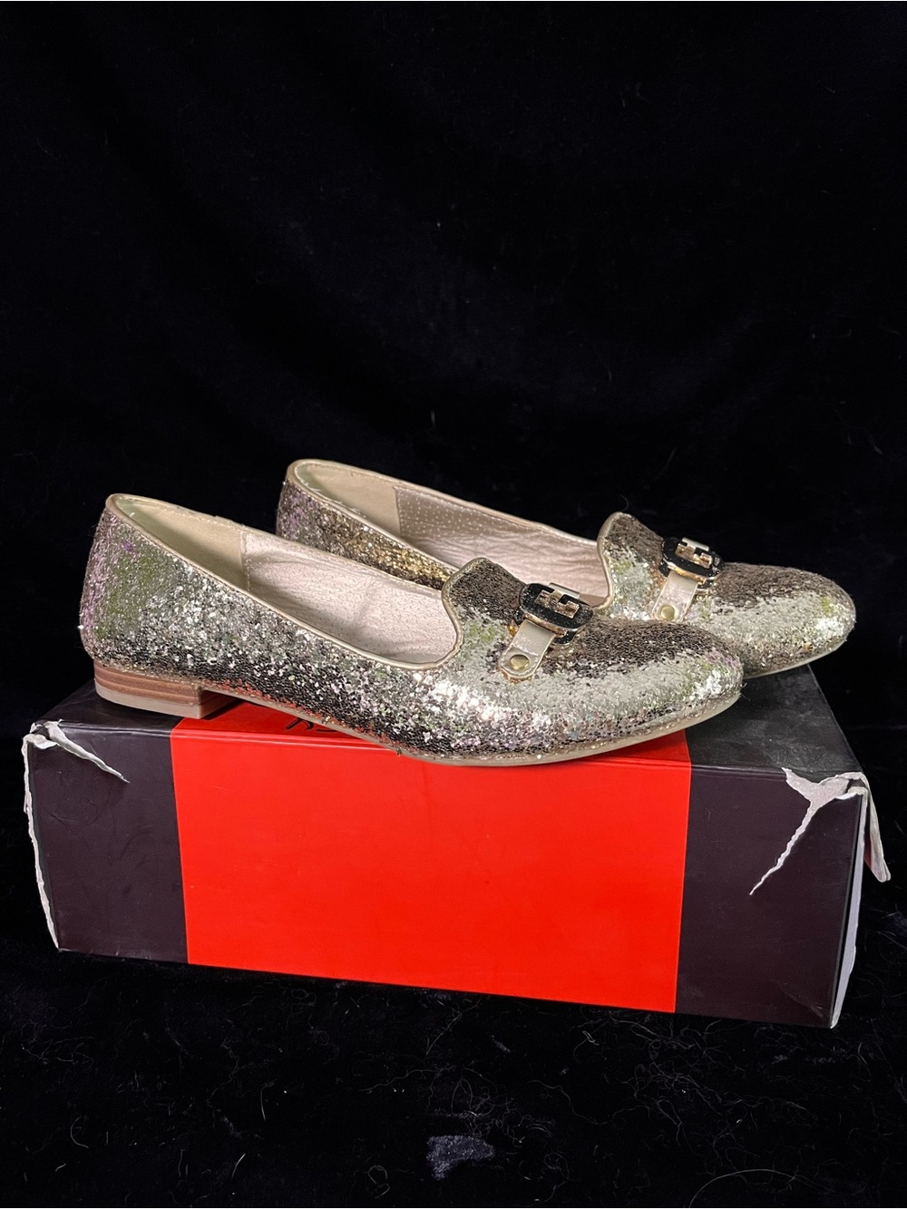 Guess Glitter Slip-On Loafers for Women - Gold Sparkle